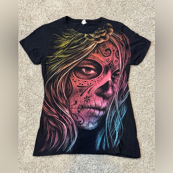 Black Multi Color Sugar Skull Print Tee - Picture 2 of 5